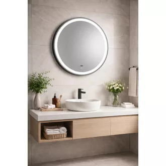 TMP IRON fürdőszoba tükör - FEKETE keret - kerek - LED világítással - érintésmentes kapcsoló - 70 cm - WaterMarkt.hu