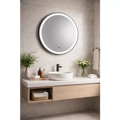 TMP IRON fürdőszoba tükör - FEKETE keret - kerek - LED világítással - érintésmentes kapcsoló - 70 cm - WaterMarkt.hu