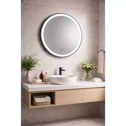 TMP IRON fürdőszoba tükör - FEKETE keret - kerek - LED világítással - érintésmentes kapcsoló - 70 cm - WaterMarkt.hu