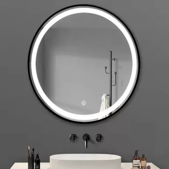 TMP IRON fürdőszoba tükör - FEKETE keret - kerek - LED világítással - érintésmentes kapcsoló - 70 cm - WaterMarkt.hu
