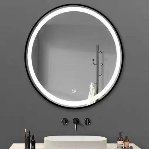 TMP IRON fürdőszoba tükör - FEKETE keret - kerek - LED világítással - érintésmentes kapcsoló - 70 cm - WaterMarkt.hu