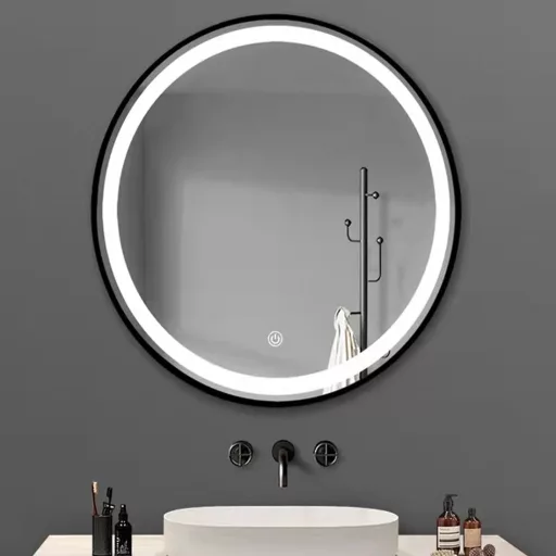 TMP IRON fürdőszoba tükör - FEKETE keret - kerek - LED világítással - érintésmentes kapcsoló - 70 cm - WaterMarkt.hu