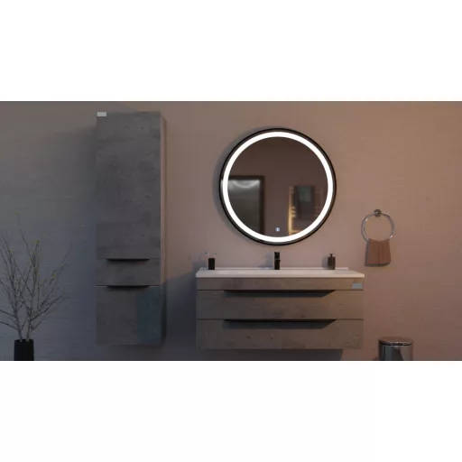 TMP IRON fürdőszoba tükör - FEKETE keret - kerek - LED világítással - érintésmentes kapcsoló - 90 cm - WaterMarkt.hu
