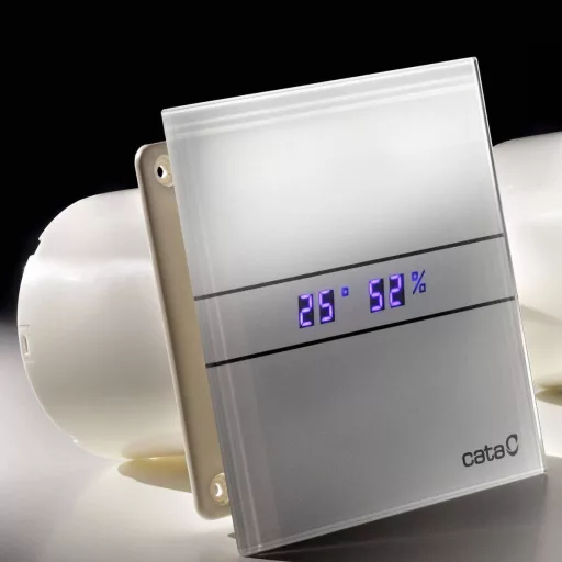 Cata E-100GTH ventilátor üveg előlappal, utószellőztető, alapszellőztető és páraérzékelő funkcióval, fehér - WaterMarkt.hu