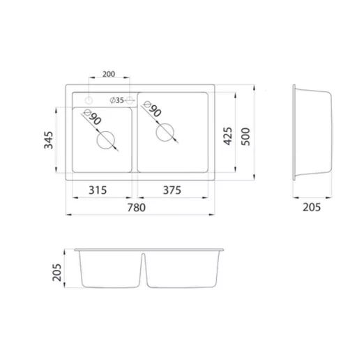 Quadro Plus 2D Metalac Xgranit Gránit Mosogatótálca - Extra mély, Kétmedencés, Szemcsés Fekete - WaterMarkt.hu
