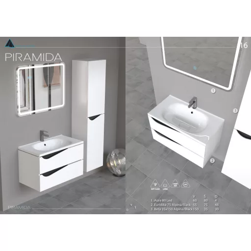 Piramida BETA fali fürdőszoba - állószekrény - FEHÉR-FEKETE - 35 x 150 x 30 cm - WaterMarkt.hu