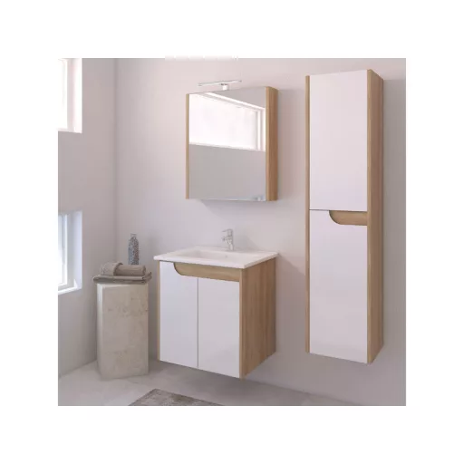 Piramida AKVA Tükrös fürdőszobai szekrény - LED világítással - FEHÉR-TÖLGY - 60 x 69 x 15 cm