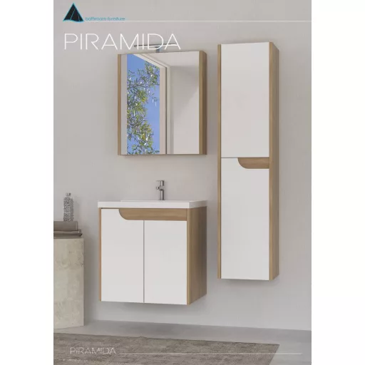 Piramida AKVA Tükrös fürdőszobai szekrény - LED világítással - FEHÉR-TÖLGY - 60 x 69 x 15 cm