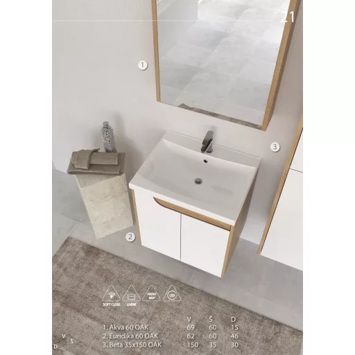 Piramida AKVA Tükrös fürdőszobai szekrény - LED világítással - FEHÉR-TÖLGY - 60 x 69 x 15 cm