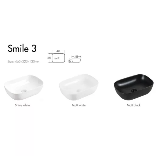 Eros SMILE 3 - PULTRA ültethető - Top Counter - porcelán mosdó - MATT FEHÉR - 46,5 x 32,5 x 13 cm - WaterMarkt.hu