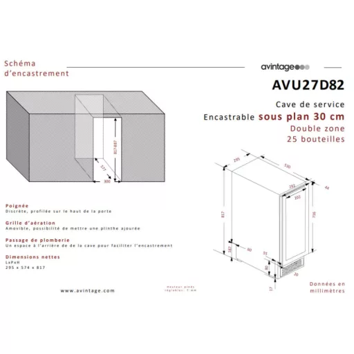 Avintage Borhűtő AVU27D82 pult alá építhető és szabadonálló, 25 palack - WaterMarkt.hu