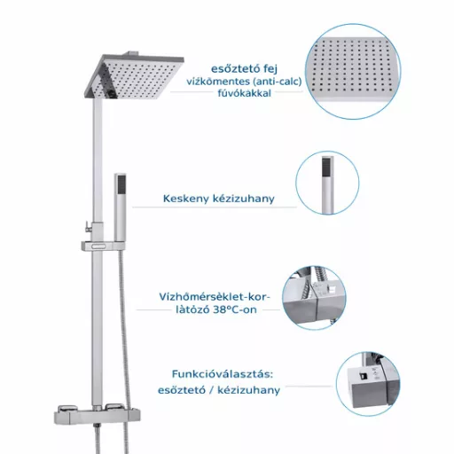 Gamma Cube Termosztátos Zuhanyszett - Esőztetős, Szögletes Zuhanyfejjel, Króm - WaterMarkt.hu