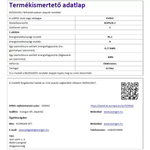 EVIDO PRIMO 62X statikus sütő,inox/fek - WaterMarkt.hu