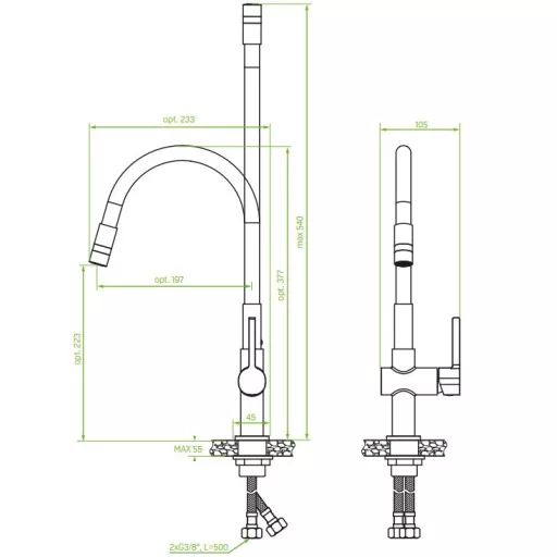 LAVEO ALITA szálcsiszolt inox / matt fekete kétfunkciós rugalmas tömlős csaptelep - WaterMarkt.hu