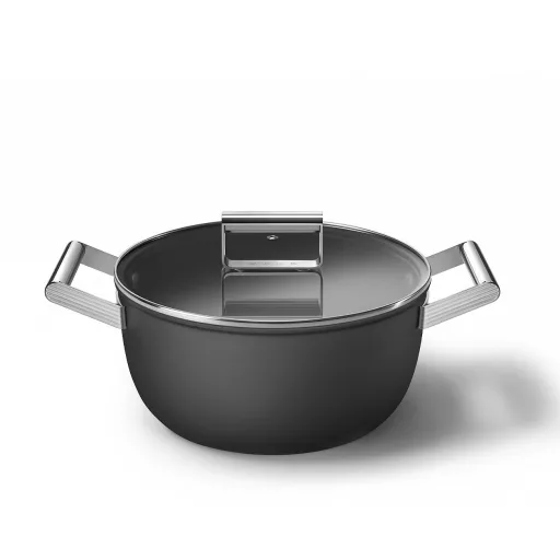 SMEG LÁBAS, 24 cm, edzett üveg fedél, rozsdamentes acél fogantyú, matt fekete