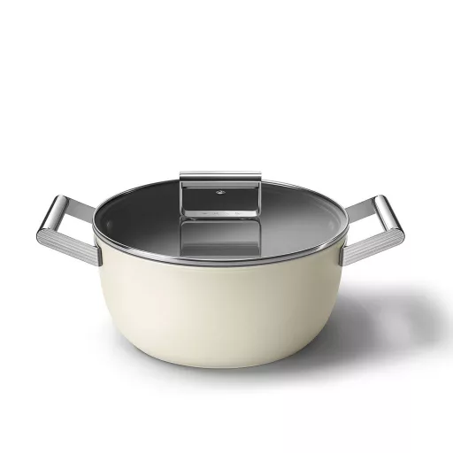 SMEG LÁBAS, 24 cm, edzett üveg fedél, rozsdamentes acél fogantyú, matt bézs