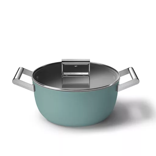 SMEG LÁBAS, 24 cm, edzett üveg fedél, rozsdamentes acél fogantyú, matt smaragdzöld