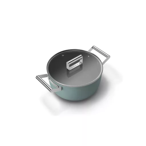 SMEG LÁBAS, 24 cm, edzett üveg fedél, rozsdamentes acél fogantyú, matt smaragdzöld