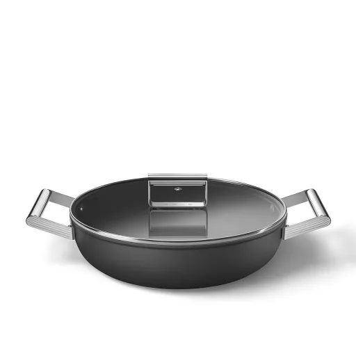 SMEG ALACSONY LÁBAS FEDŐVEL, 28 cm, edzett üveg fedő, rozsdamentes acél fogantyú, matt fekete