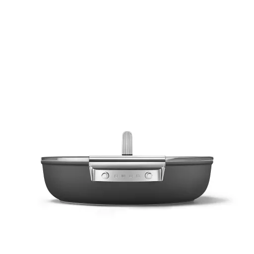SMEG ALACSONY LÁBAS FEDŐVEL, 28 cm, edzett üveg fedő, rozsdamentes acél fogantyú, matt fekete