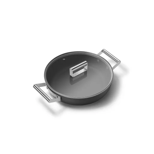 SMEG ALACSONY LÁBAS FEDŐVEL, 28 cm, edzett üveg fedő, rozsdamentes acél fogantyú, matt fekete