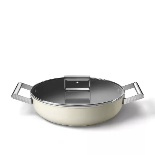 SMEG ALACSONY LÁBAS FEDŐVEL, 28 cm, edzett üveg fedő, rozsdamentes acél fogantyú, matt bézs