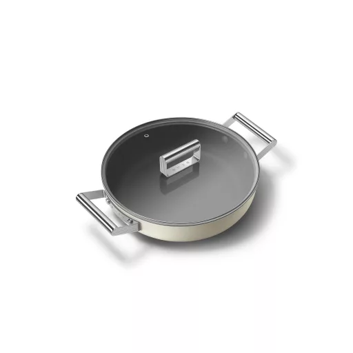 SMEG ALACSONY LÁBAS FEDŐVEL, 28 cm, edzett üveg fedő, rozsdamentes acél fogantyú, matt bézs