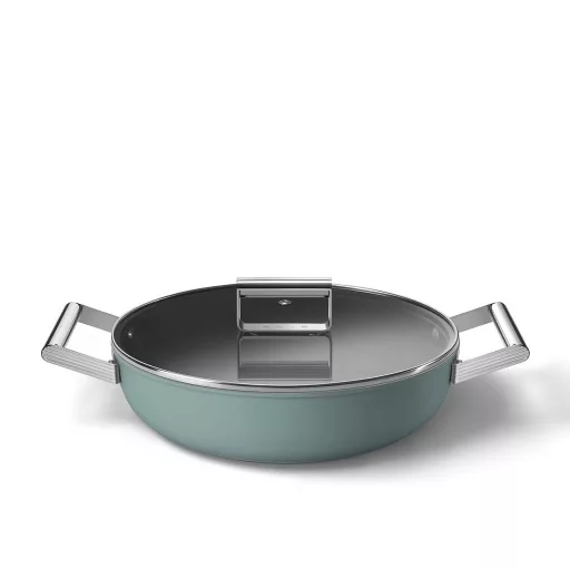 SMEG ALACSONY LÁBAS FEDŐVEL, 28 cm, edzett üveg fedő, rozsdamentes acél fogantyú, matt smaragdzöld