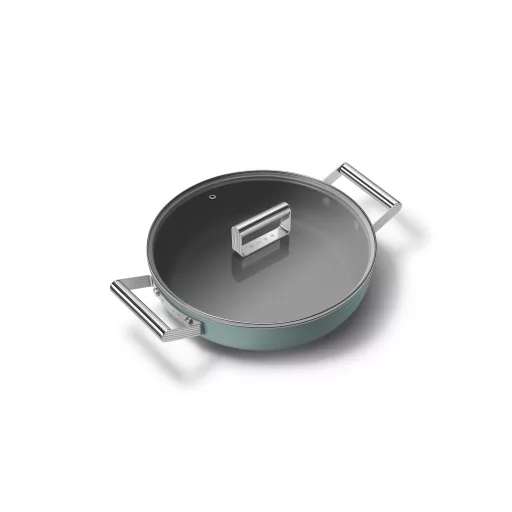 SMEG ALACSONY LÁBAS FEDŐVEL, 28 cm, edzett üveg fedő, rozsdamentes acél fogantyú, matt smaragdzöld