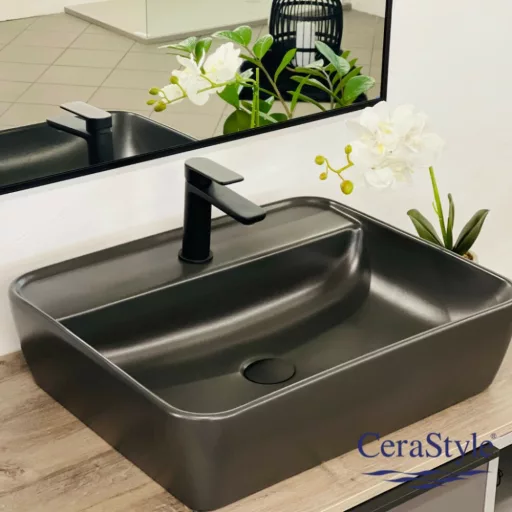CeraStyle ONE - PULTRA ültethető - Top Counter- porcelán mosdó - MATT FEKETE - csaplyukas - 55 x45cm - WaterMarkt.hu