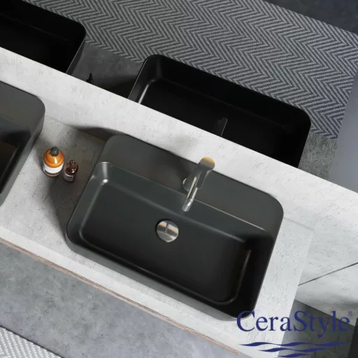 CeraStyle ONE - PULTRA ültethető - Top Counter- porcelán mosdó - MATT FEKETE - csaplyukas - 55 x45cm - WaterMarkt.hu