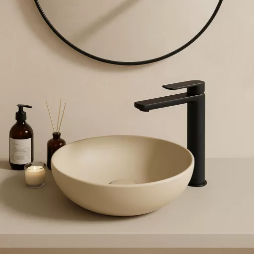 CeraStyle ZERO - PULTRA ültethető - Top Counter - porcelán mosdó - O - MATT BÉZS - Ø 46 cm - WaterMarkt.hu
