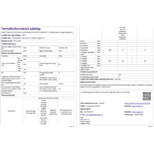 EVIDO ICELIFE NEO szabadonálló hűtő, fagyasztó rekesszel, 48x83,8 cm, 1 ajtós, 82 l, E energiaosztály, fehér