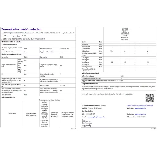 EVIDO ICELIFE NEO szabadonálló hűtő, fagyasztó rekesszel, 48x83,8 cm, 1 ajtós, 82 l, E energiaosztály, fehér