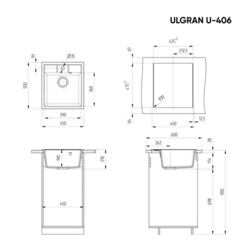 Ulgran U-406-344 Gránit Mosogatótálca - Egymedencés, Négyzet, Matt Fekete - WaterMarkt.hu