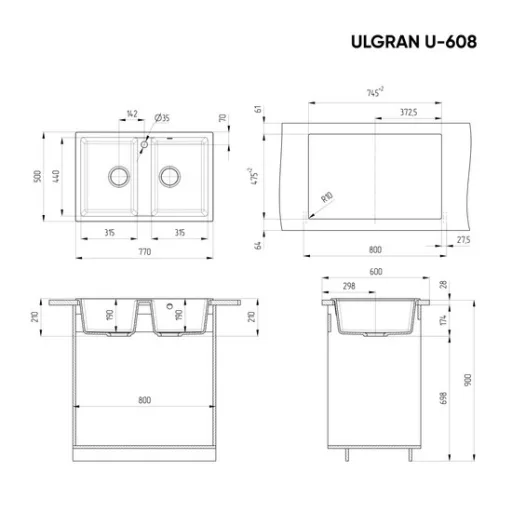 Ulgran U-608 Gránit Mosogatótálca - Kétmedencés, Több színben
