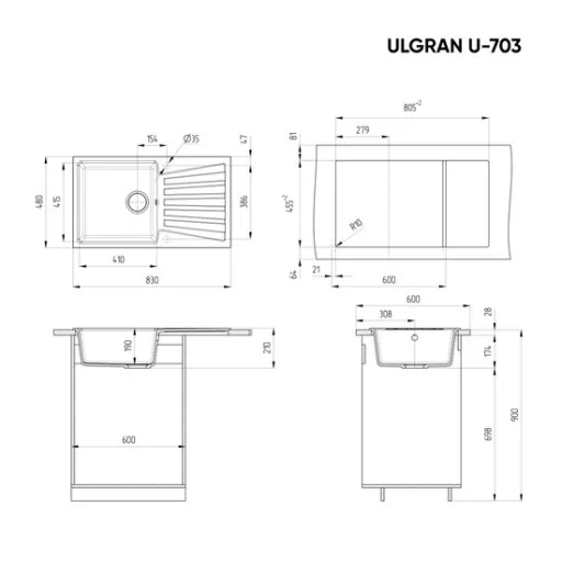 Ulgran U-703 Gránit Mosogatótálca - Extra mély, Csepegtetőtálcás, Több színben